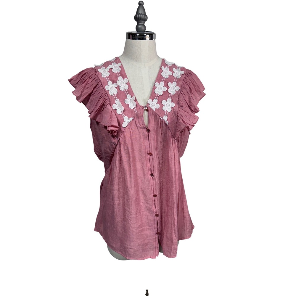 Robert Louis Dusty Rose Floral Lace Ruffle Boho Cottagecore Women's Top M